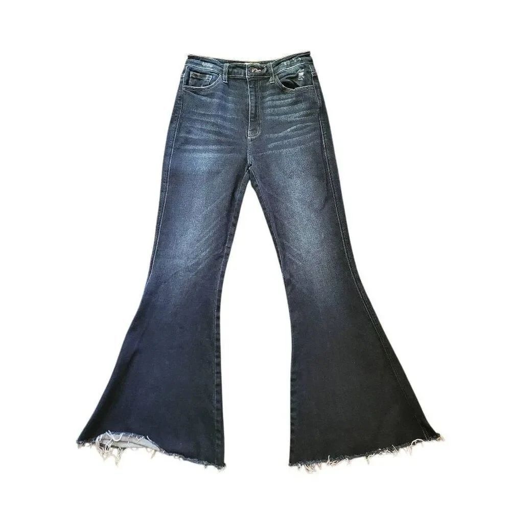 Kancan Jeans Women's 28 Dark Blue Kurvy Curvy High Rise Extreme Flare Raw Hem